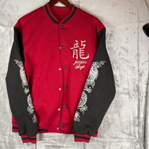Japan Tokyo Dragon Varsity Bomber Jacket Red/blk Embroidered Graphic Snap Front